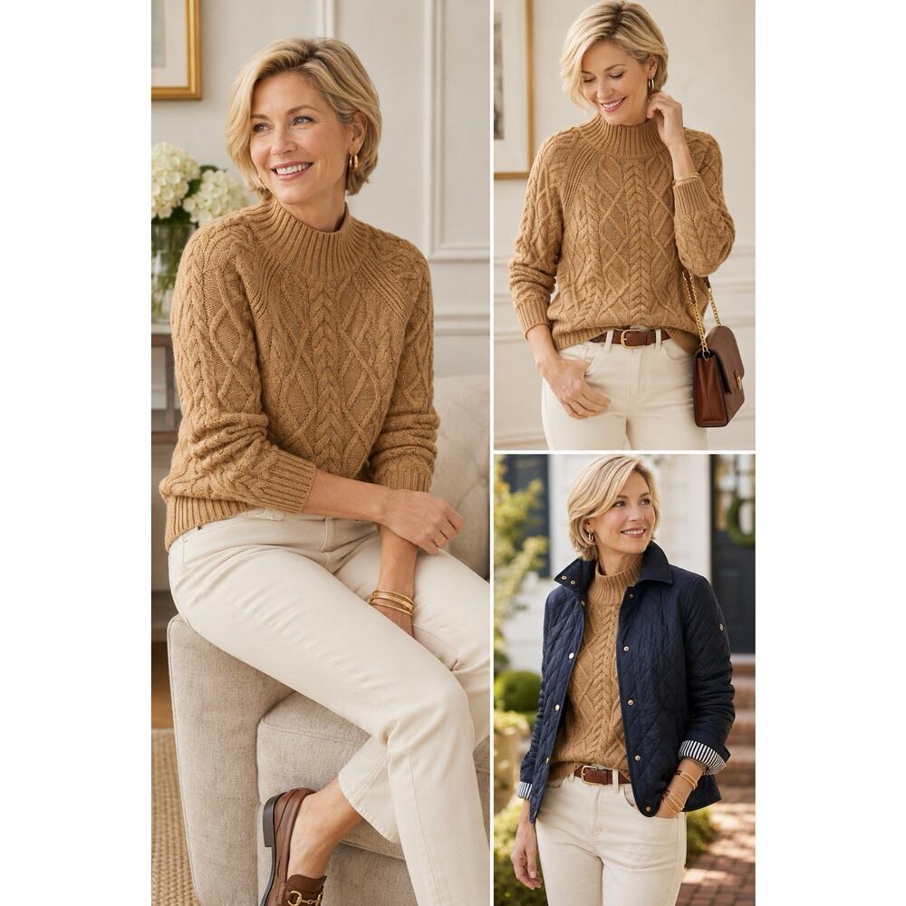 Talbots Cable Knit Mock Neck Sweater XS Camel Tan Cottagecore Quiet Luxury NWT